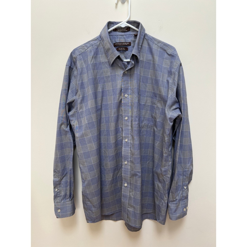 Forsyth of Canada Shirt Men XL Blue Pld Wrinkle Free Cotton Button Down Long Slv